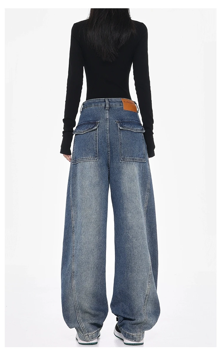 

Women's Vintage Blue Workwear Jeans American Design Sense Spliced ​​Washing Machete Jeans Summer Loose Wide-Leg 2000s Trousers