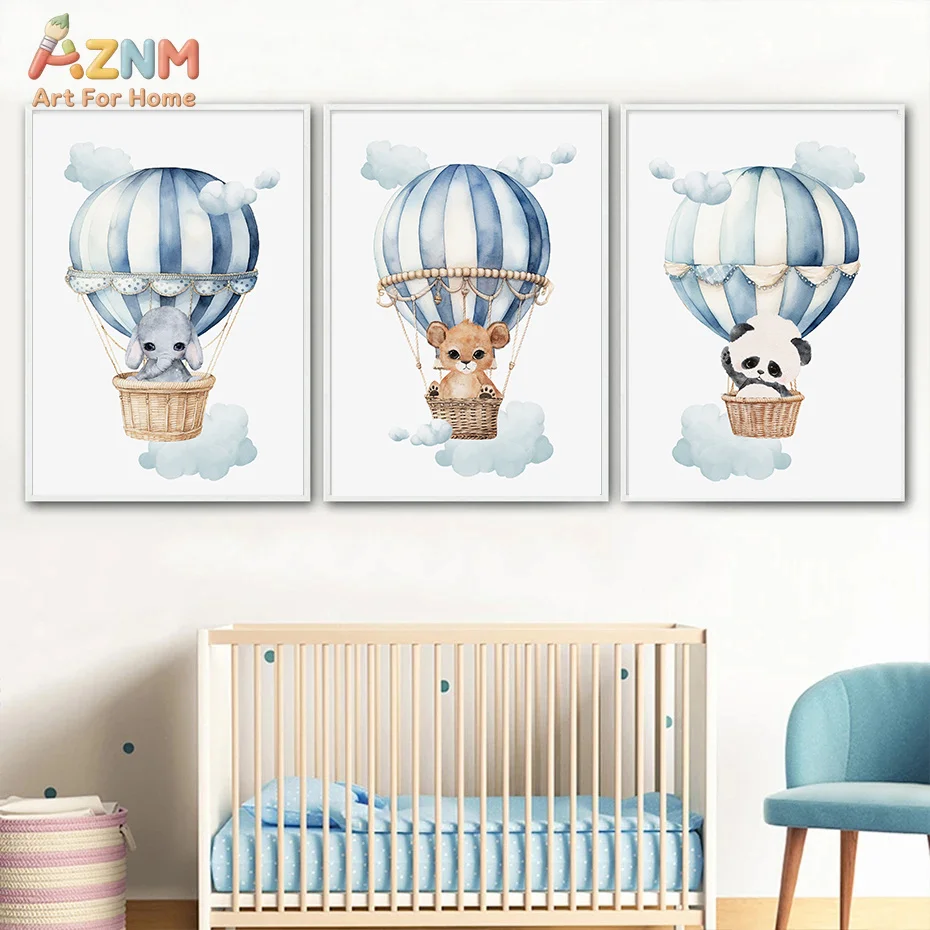 AZNM Watercolor Hot Air Balloon Canvas Wall Art Animal Cloud Print for Neutral Nursery Decor