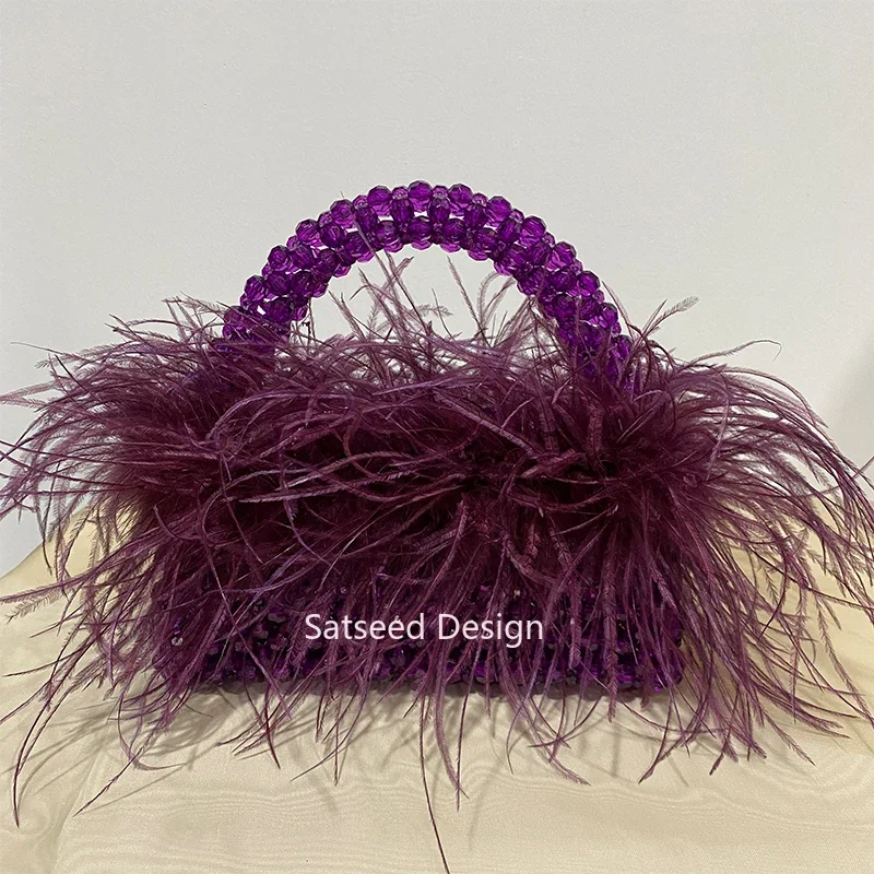 With Ostrich Feather Fur 2Size Acrylic Bead Party Bag Designer Brand Clear Tote Handbag Women Handmade Evening Purse Handmade