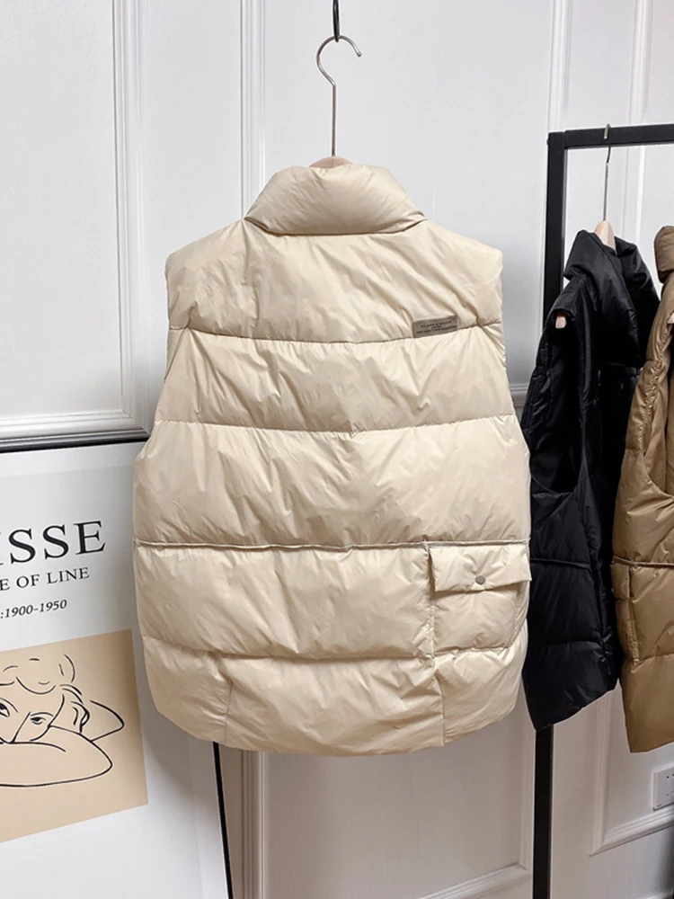 FTLZZ Winter Women 90% White Duck Down Coat Casual Stand Collar Zipper Pockets Sleeveless Vest Female Loose Solid Outwear