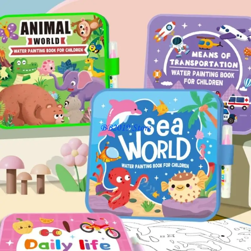 Q0KB Cartoon woda kolorowanka wielokrotnego użytku dla dzieci w wieku przedszkolnym magiczne malowanie