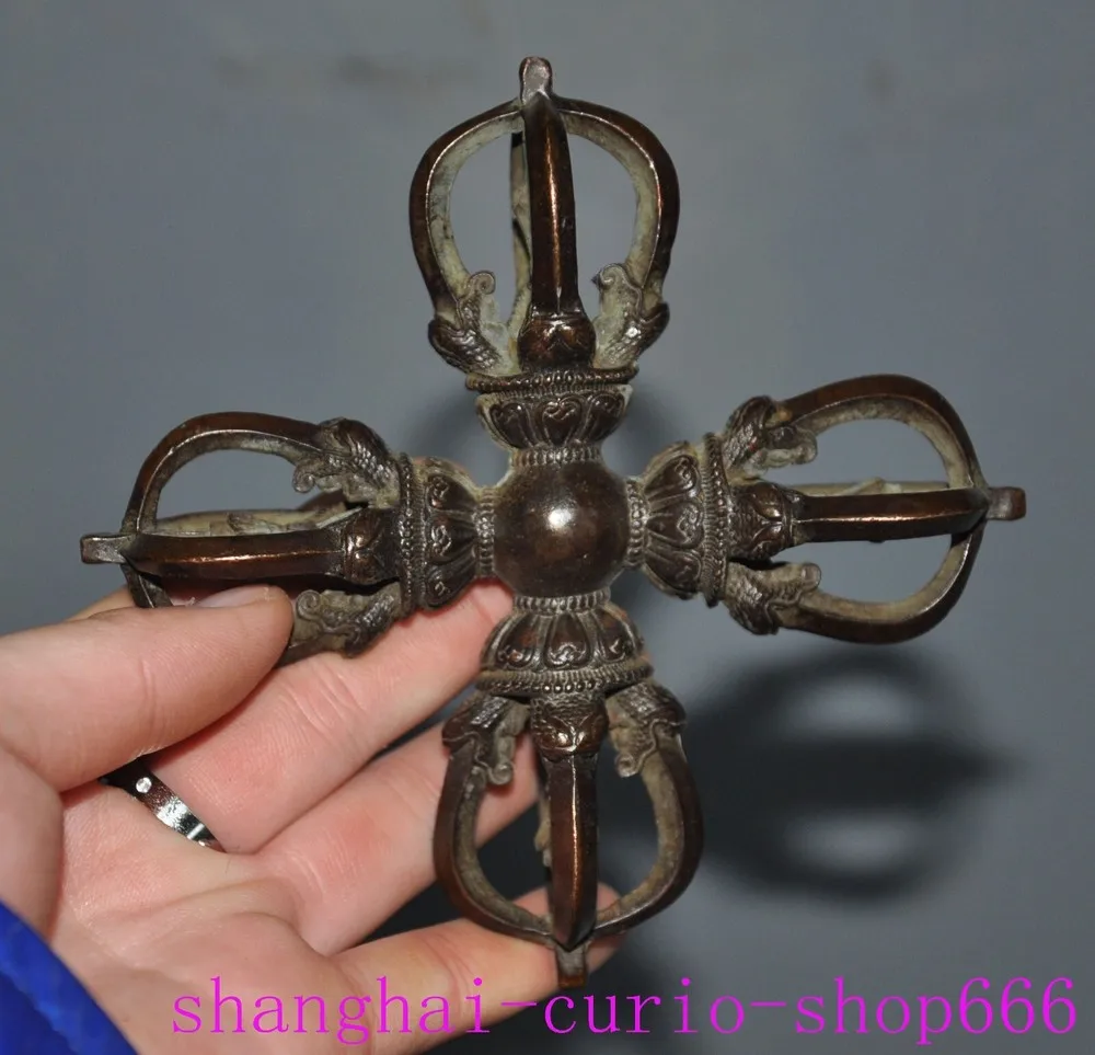 

3.8 inch Tibetan Buddhist Bronze Cross Dagger Equipment Dorje Vajra phurpa faqi Dagger - Brass animal sculpture