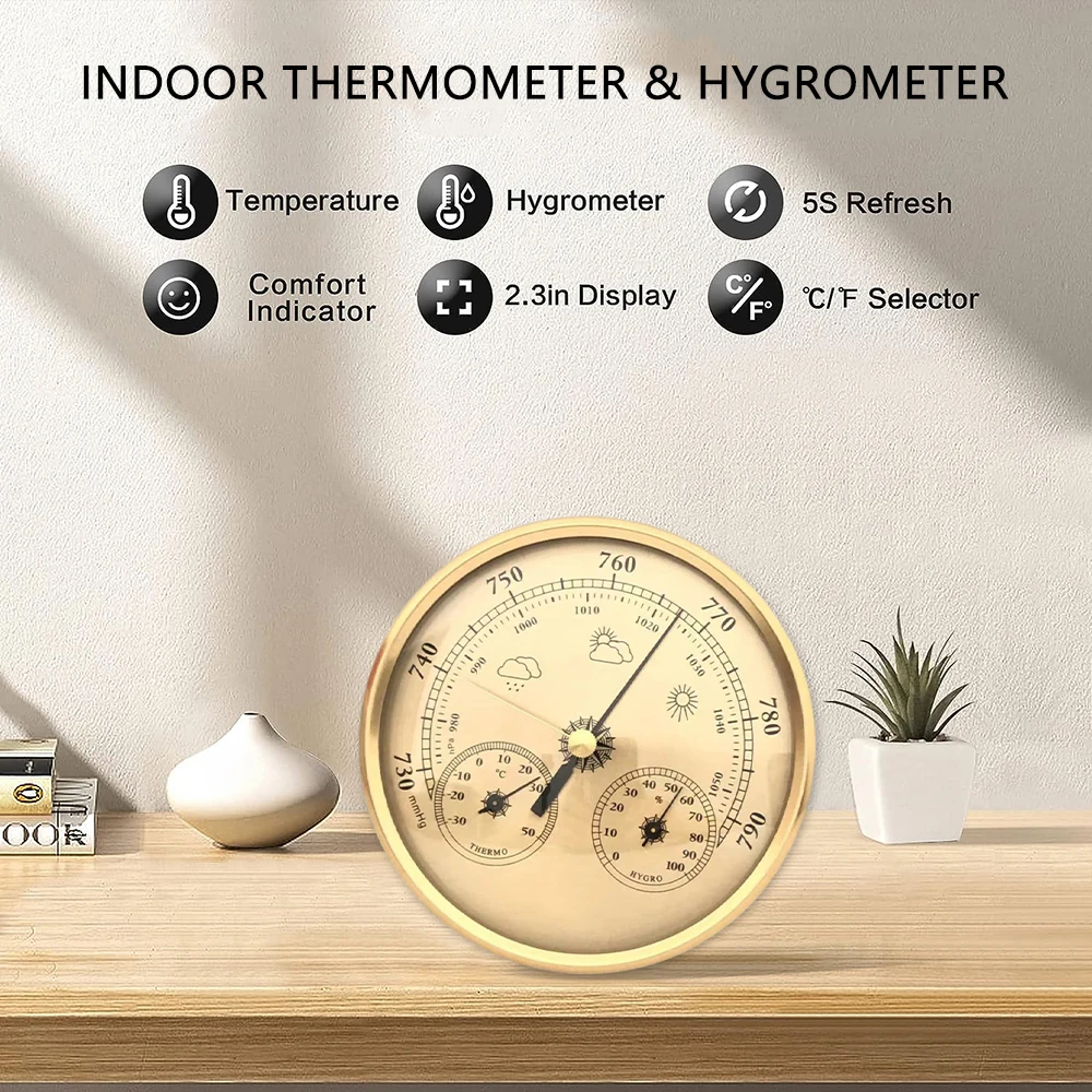 3-in-1 Multifunctional Pressure Gauge -30~50℃ 0~100RH 970-1050hPa Hanging Temperature Humidity Pressure Barometer 2.3inch 130MM