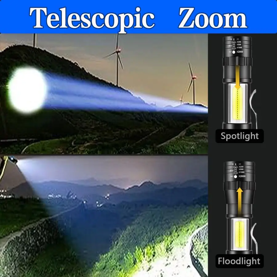 Rechargeable LED Flashlight High Lumens Super Bright LED Torch Light with COB sidelight 3 Modes Zoomable Handheld Work Light