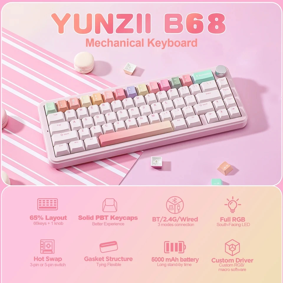 YUNZII B68 Wireless Keyboard Tri-Mode Hot Swappable Cute Gasket Mounted Creamy Gaming Mechanical Keyboard Customized for Win/Mac