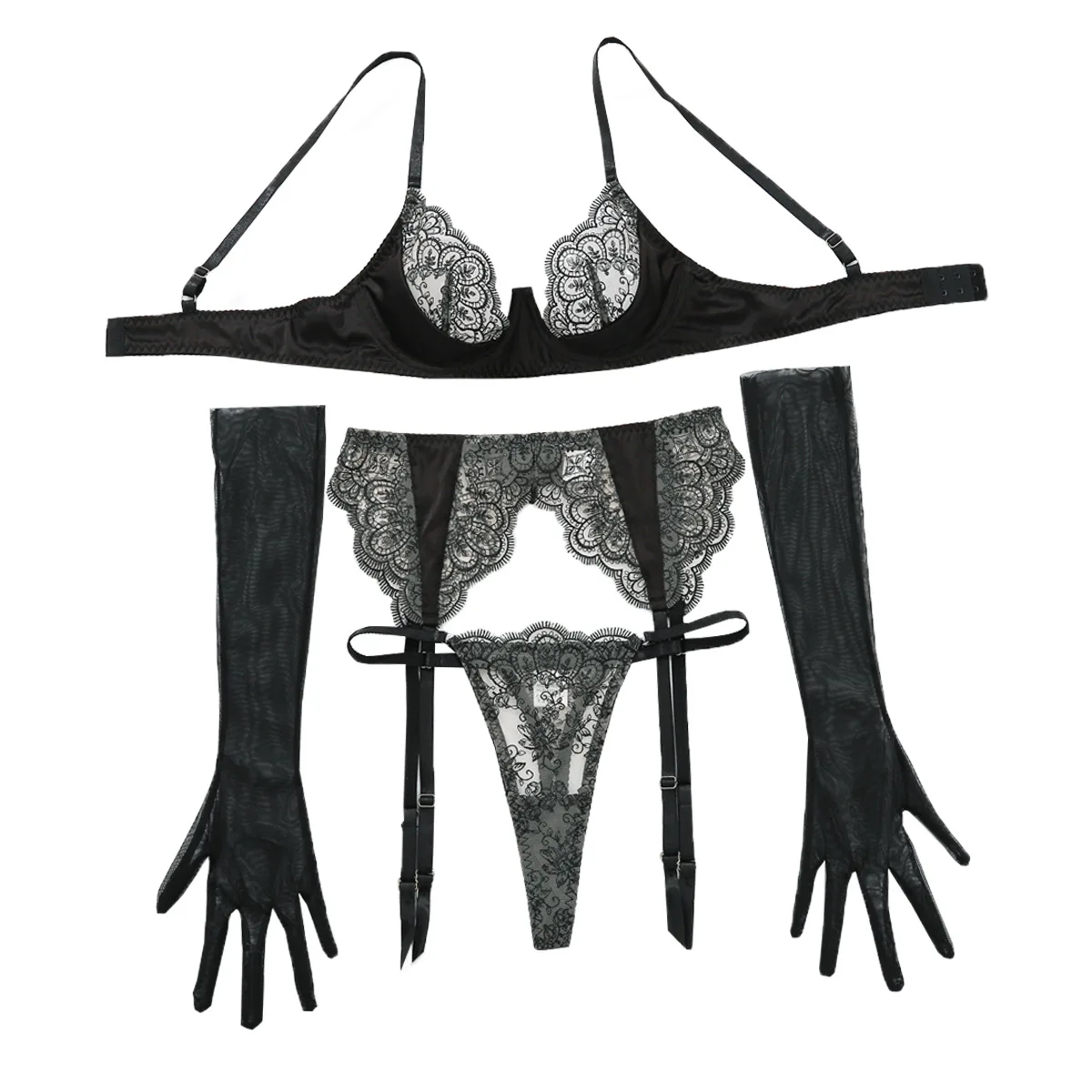 Fall Fashion New Sexy Embroidered Lace Stitching Craft Interest Perspective Back Underwear four-piece Set latex catsuit ethika - Image 5
