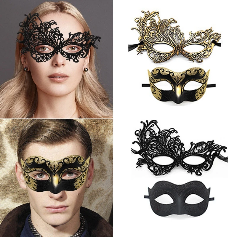 2pcs Elegant Black Gold Lace Masquerade Mask Set for Couple - Perfect for Venetian Party, Mardi Gras, and Halloween Celebrations