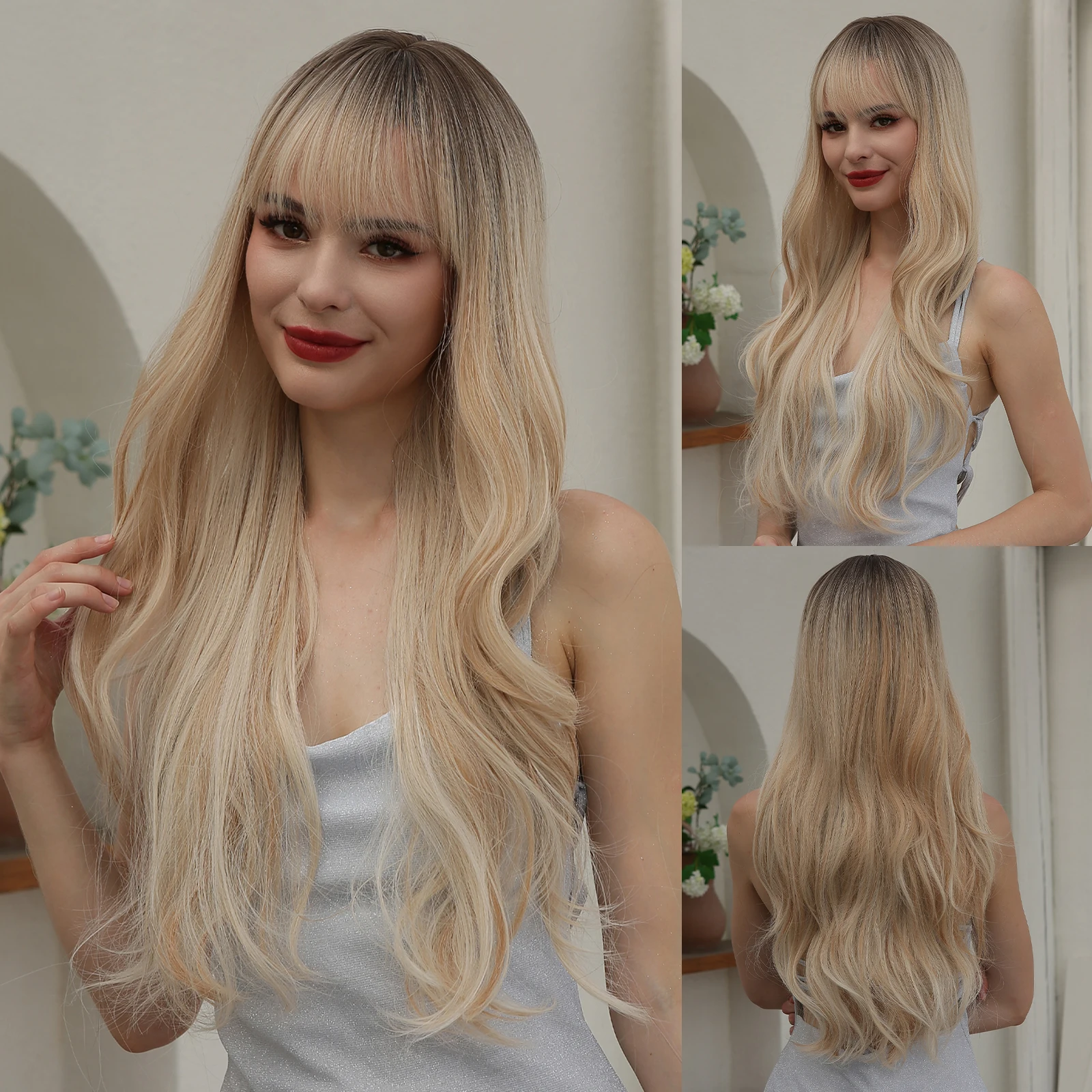 Blond Ombre Syntetyczne Włosy Peruki Długie Body Faliste Peruka Cosplay z Grzywką Party Lolita Świąteczne Sztuczne Włosy Dla Kobiet Odporne Na Ciepło