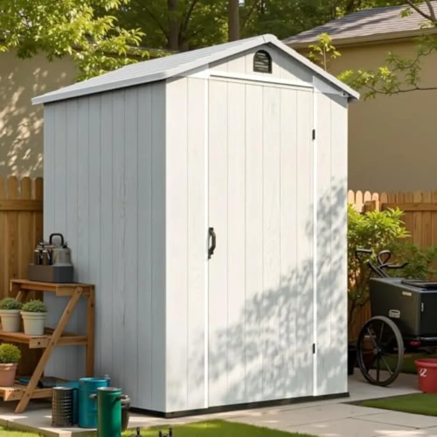 Outdoor storage shed for garden use, resin material, gray color, includes floor and weather-resistant design