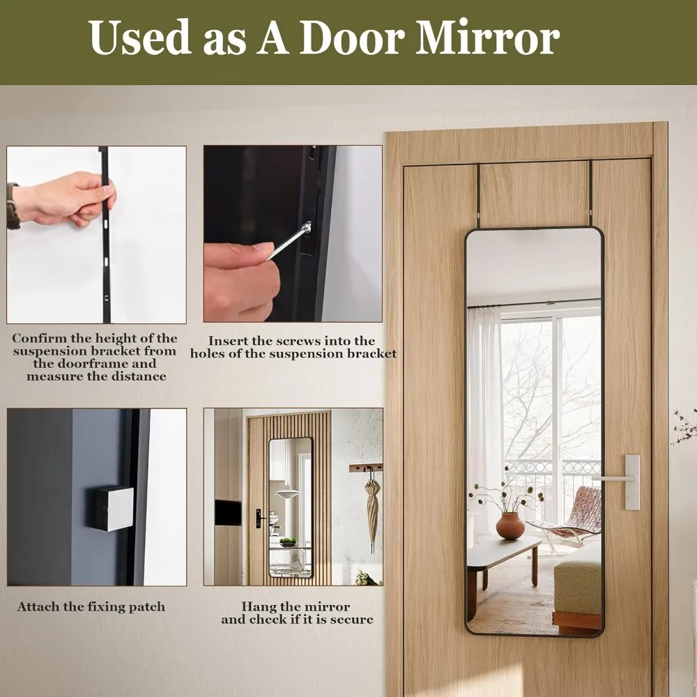 Full-Length Aluminum Frame Door Mirror with Adjustable Hangers for Hanging, 14x48 Inches, Height-Adjustable Body Mirror