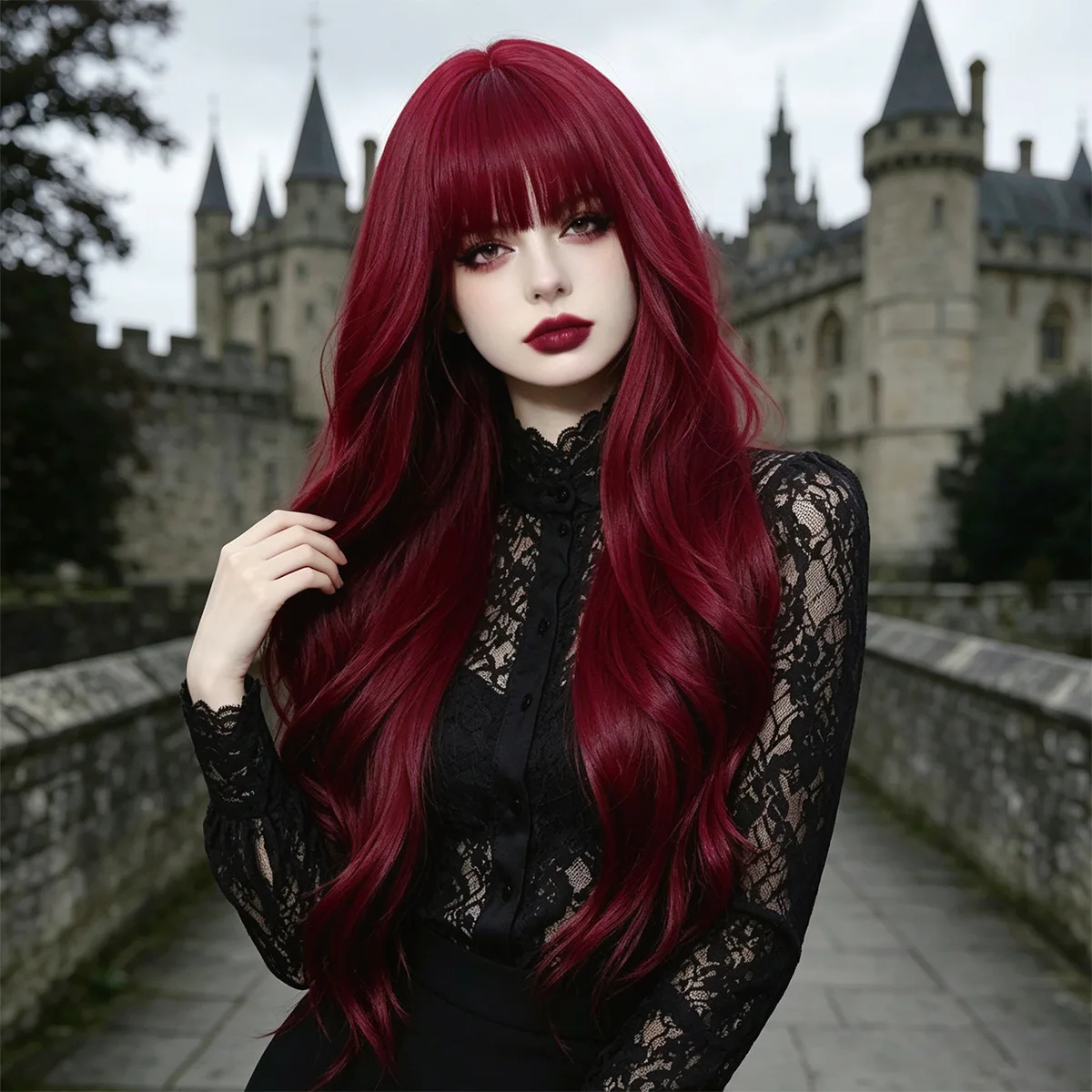 Red wine color synthetic wig with big waves for Halloween cosplay wig, character play wig, party wig, daily wig set