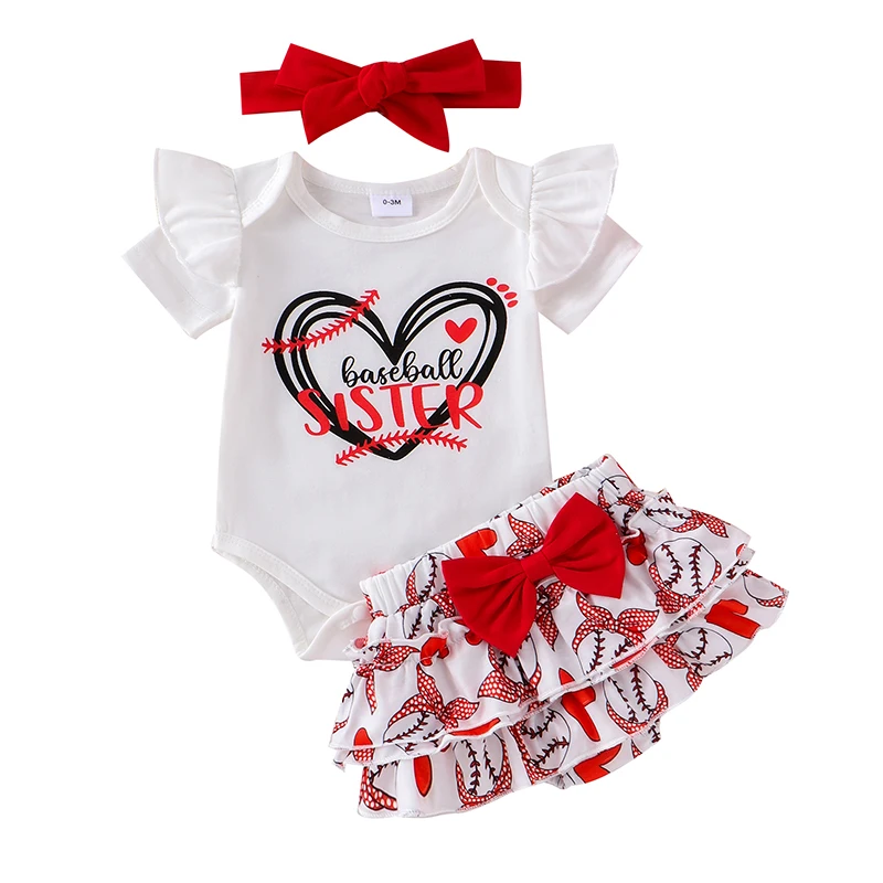 Baby Girl Baseball Outfit Letter Print Short Sleeve Romper Layered Ruffle Shorts Bow Headband 3 Piece Set for Summer