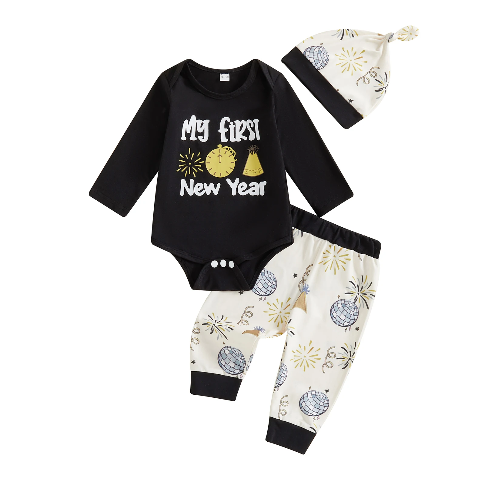 

Детский новогодний наряд, комбинезон с длинными рукавами и буквенным принтом, штаны и шапка, комплект из 3 предметов