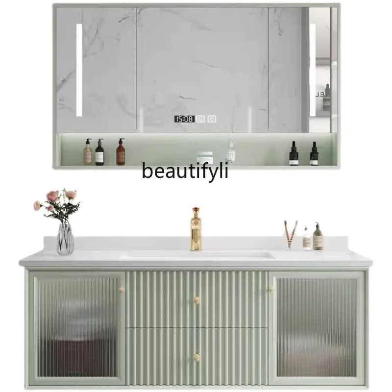 

Stone Plate Bathroom Smart Mirror Cabinet with Solid Wood Glass Door Bathroom Table Washbasin Cabinet