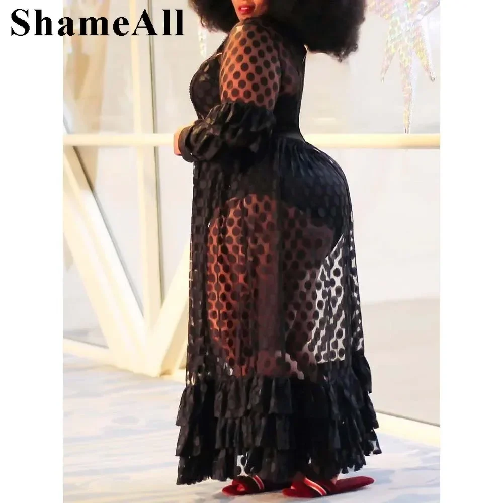 Plus Size Sexy Night Club Sheer Mesh Dress 4XL Damskie sukienki z długim rękawem Elastyczna wysoka talia Przezroczysta czarna biała koronkowa