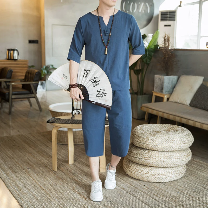 Chinese Style Summer Thin Cotton and Linen Sets Solid Color Three-quarter Pants Casual Men's Sets 2 Pieces Clothing