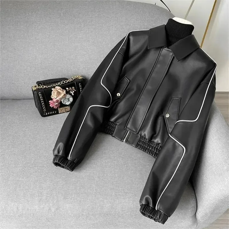 Fashion Leather Jacket Women\'s Short Outerwear Washed Leather Coat Lady Streetwear Loose Tops Moto Biker Jackets Spring Autumn