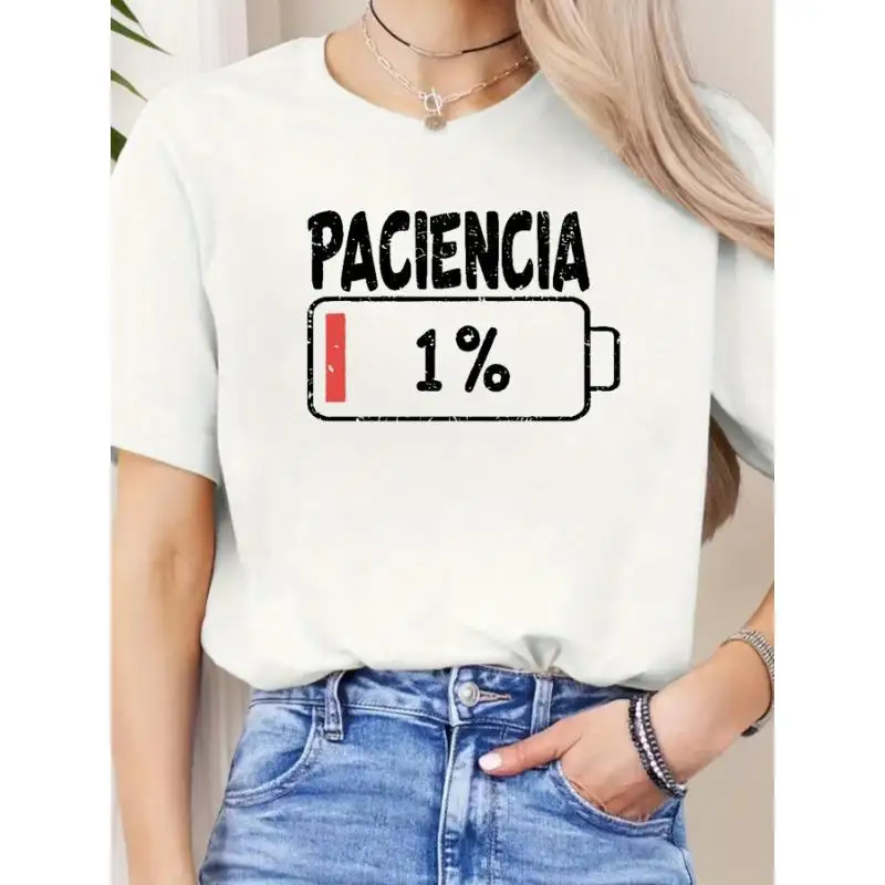 

Women Paciencia T-Shirt Funny Patience Graphic Tee Low Battery Slogan Humorous Spanish Quote Mom Life Casual Top Gift