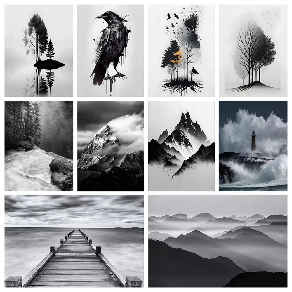 Minimalist Black and White Landscape Canvas Painting Mountain Lake Scenery Tree Crow Poster Print Canvas Painting Wall Art Decor