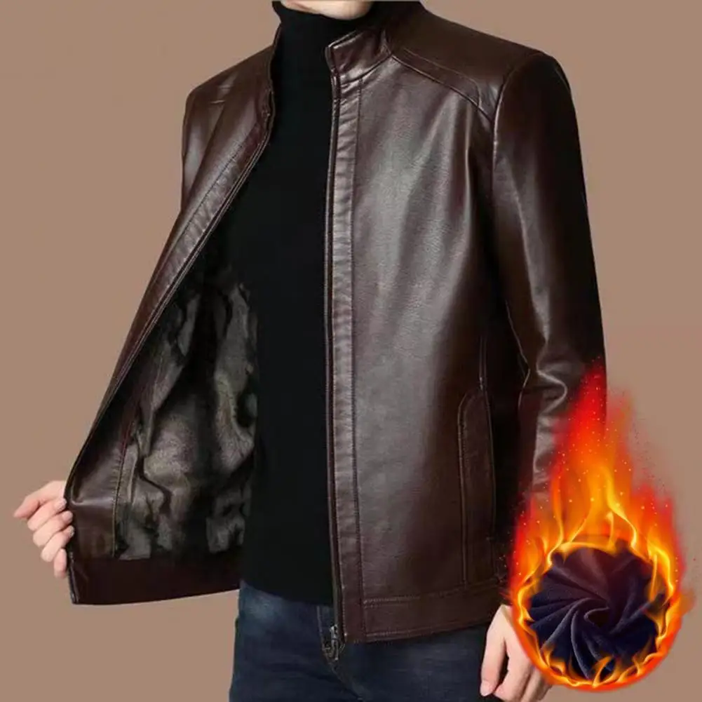 Men Coat Stylish Men's Faux Leather Motorcycle Jacket Windproof Stand Collar Zipper Closure Pockets for Fall/winter Soft Men