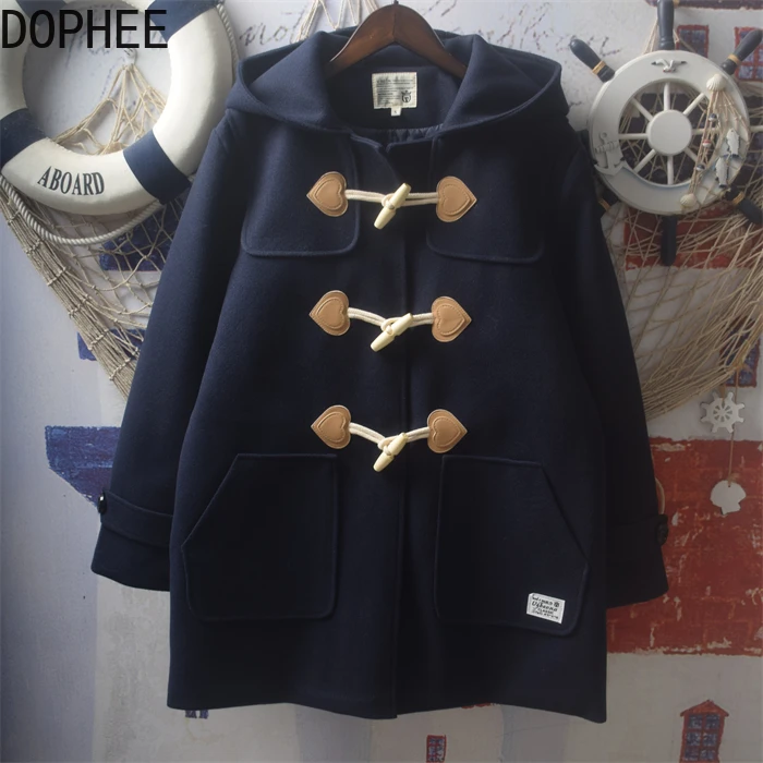 

Шерстяная куртка в японском студенческом стиле с роговой пуговицей, пальто средней длины с нашивками и буквами, пальто с капюшоном и длинными рукавами, осень-зима, верхняя одежда JK