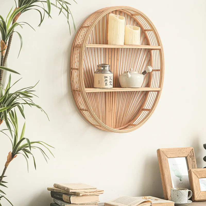 Bambus-Wandregal-Organizer - Ovales Rattan-Aufbewahrungsdekor Mehrstöckiges Bohemian Wandregal für Wohnzimmer im Farmhaus-Stil