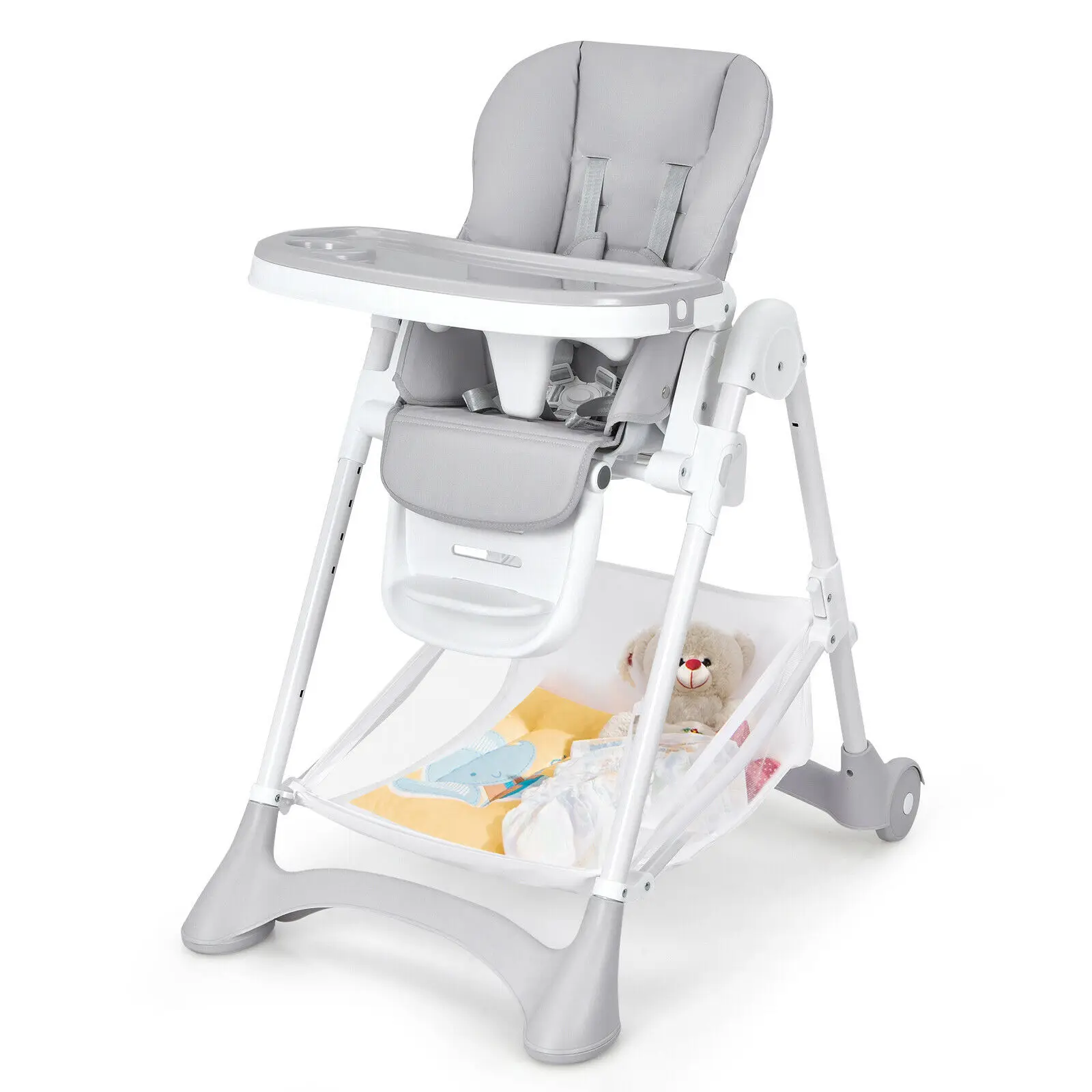 Baby Convertible Folding Adjustable High Chair w/Wheel Tray Storage Basket Grey AD10007GR