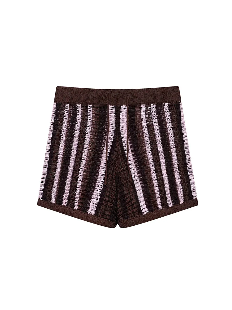 

KUCLUT Women Fashion Striped Lace Up Knitted Mini Shorts Vintage High Elastic Waist Female Chic Lady Shorts