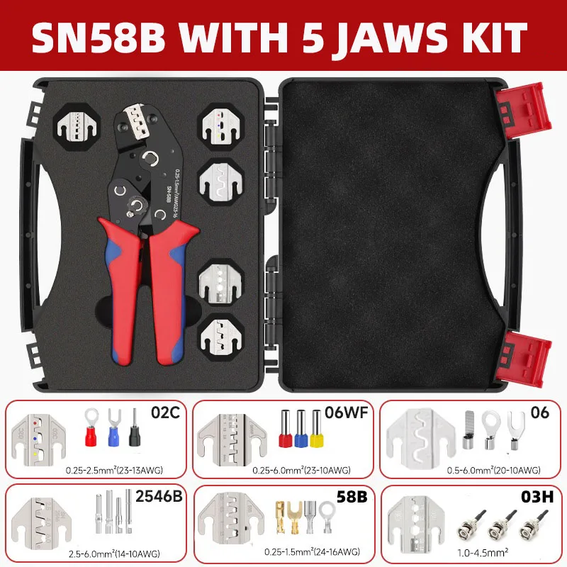 

SN-58B Обжимные клещи с противоскользящей ручкой и храповым механизмом включает в себя набор из пяти губок для обжимных клещей для автомобильных клемм