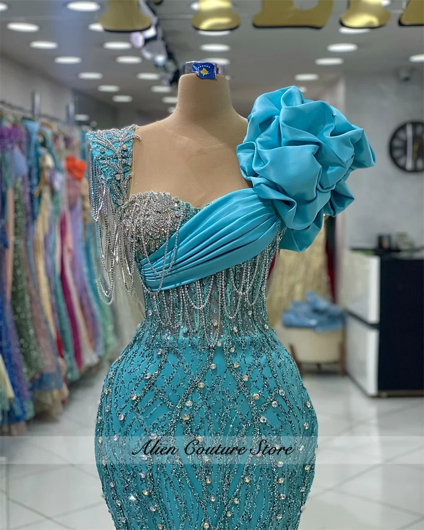 Sparkly Green Mermaid Dubai Evening Dresses Prom Gown Diamonds Beading Birthday Party Dress Vestidos De Noche Customized