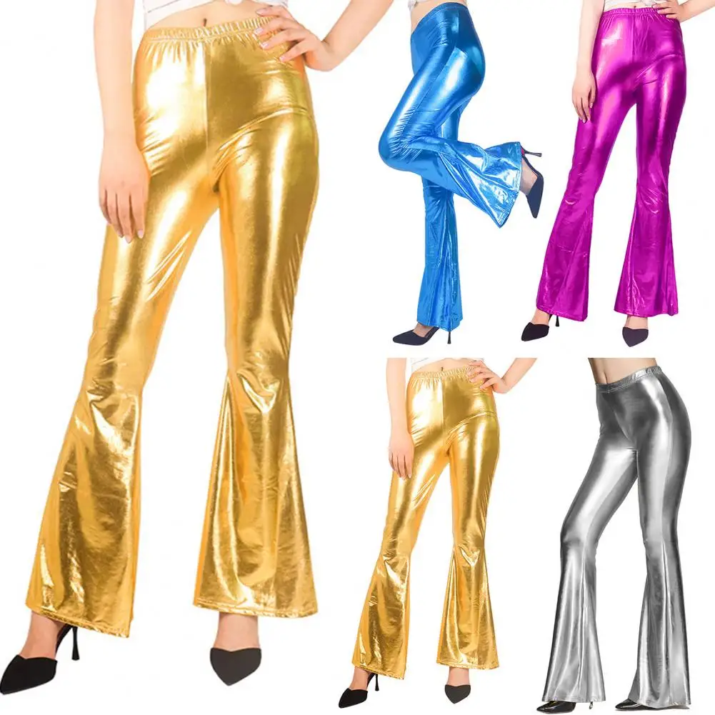 

Solid Color Trousers Elegant Women's Flared Pants for Performances Parties Mid-rise Imitation Leather Trousers with Glossy