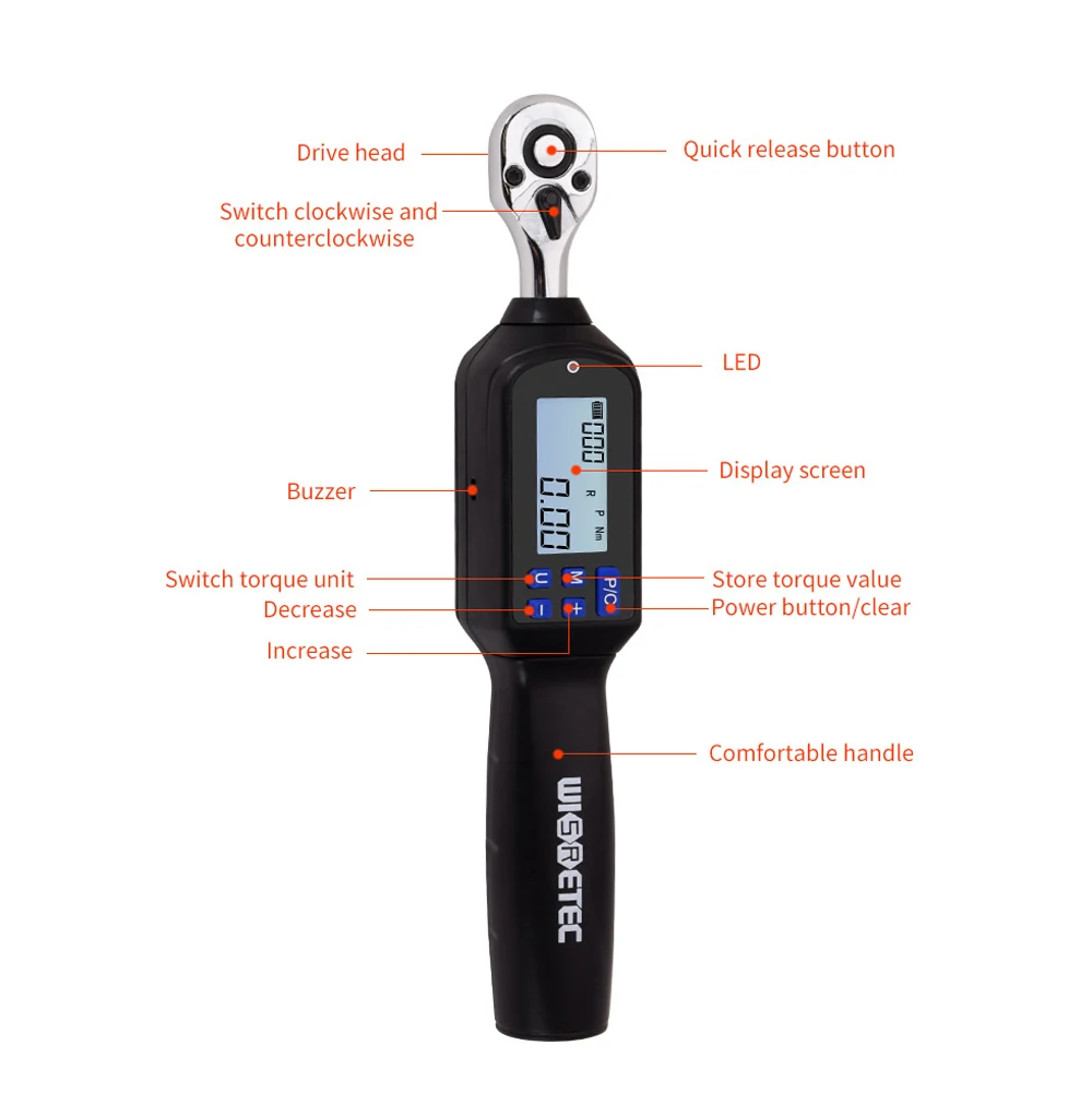 Screen Real-time Peaks Measurement Four Units with Backlight Sound LED Alarm 1/2 3/8 1/4 Inch Digital Torque Wrench Multi-tool