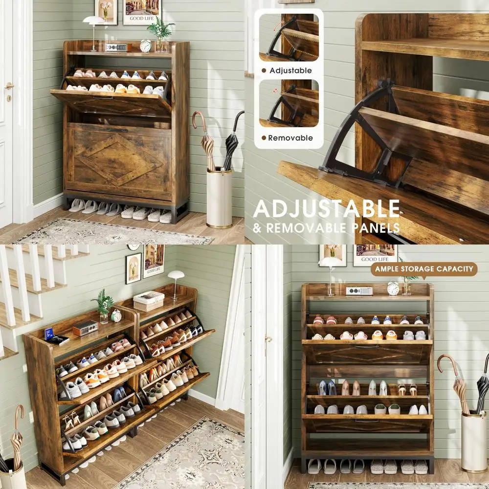 

Space-Saving Shoe Organizer with Flip Drawers and Adjustable Shelf, Holds Over 12 Pairs, Narrow Design for Efficient Storage