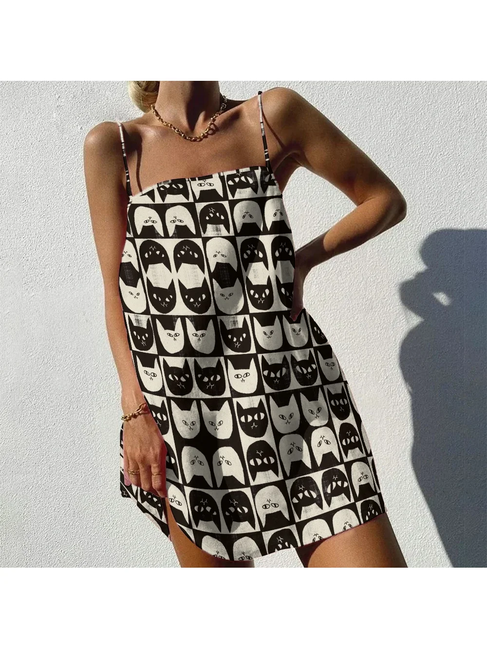 Cartoon Black And White Cat Graphic Vest Skirt New Y2k Style Casual Straight Skirt High Quality Retro New Women's Dress