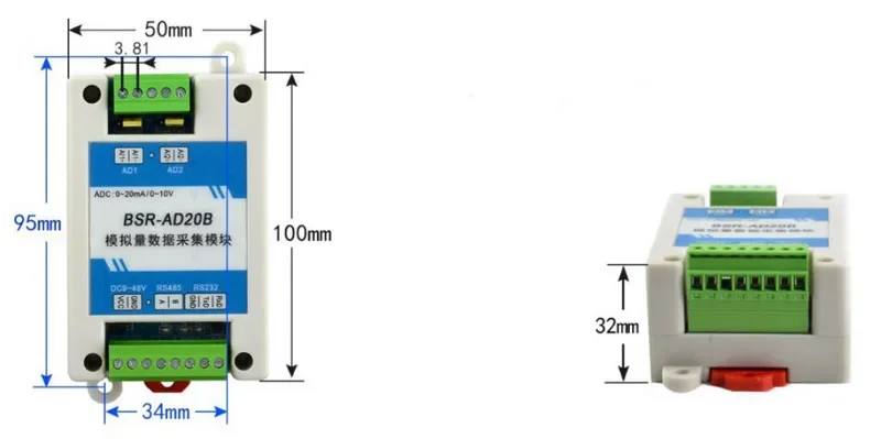 CWT-BSR Series Di / Do / 0-20mA / 0-10V / Pt100 / Thermocouple to RS485 Modbus RTU IO Module