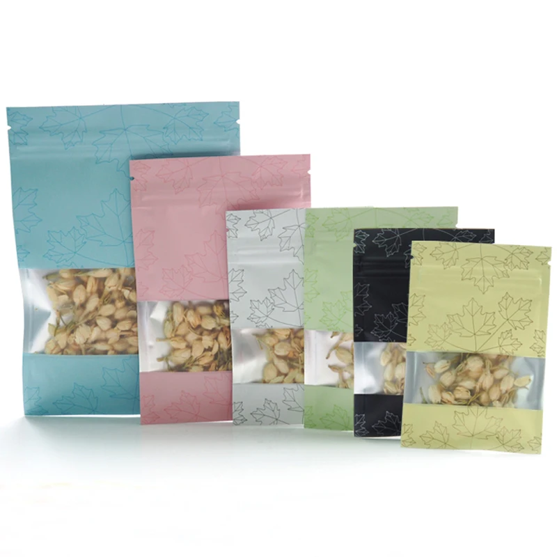 

Leaves Pattern Matte Colors Aluminum Foil Flat Zip Lock Bags with Window 100pcs Resealable Bags Smell Proof