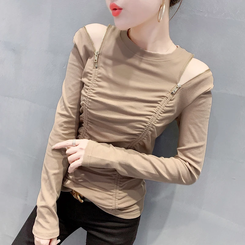 MadBlack, European Clothes T-Shirt, Women Sexy Mock Neck Zippers Tops, Long Sleeve Fashion Slim Tee, Autumn Winter New T485137QM