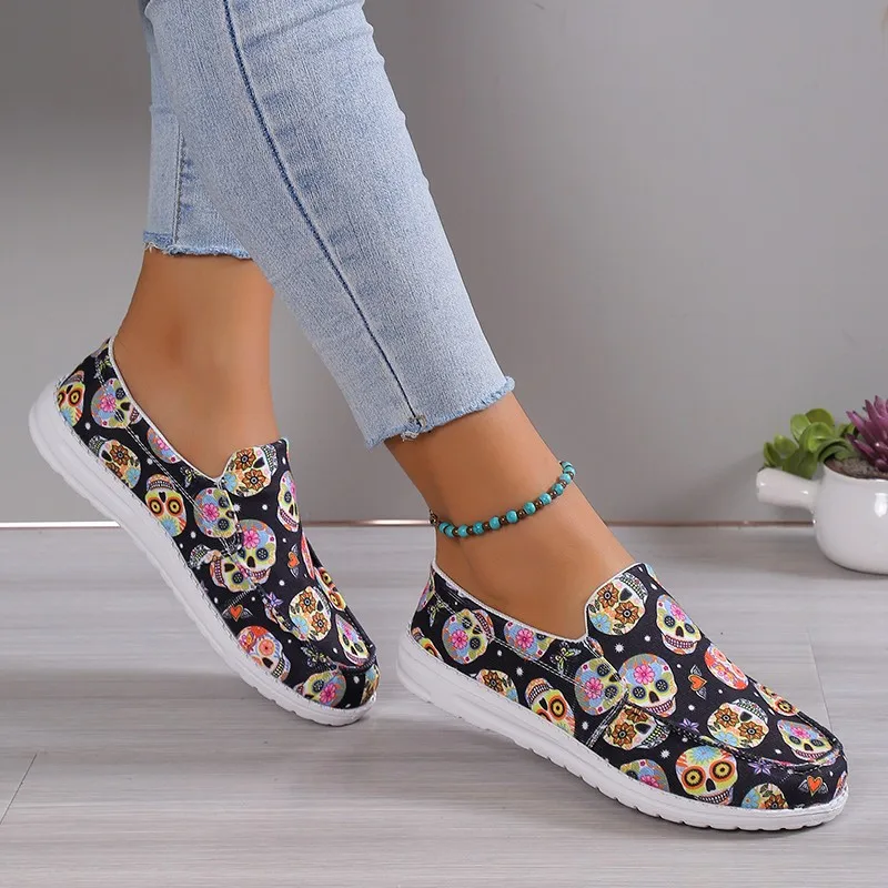 Damskie płaskie trampki Fashion Skull Printing Slip on Walking Shoes for Women Outdoor Light Ladies Casual Shoe Tennis Female New