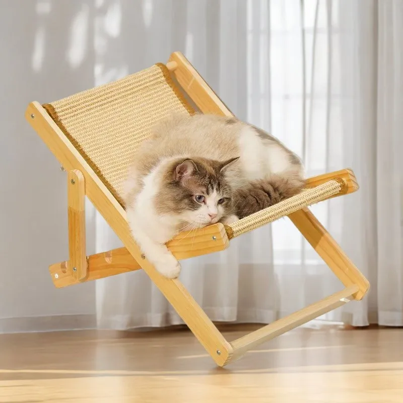 Cat Bed Chair Home Foldable Sisal Cat Scratching Board Rocking Chair 4-level Adjustable Wooden Strong Load-bearing Pet Recliner