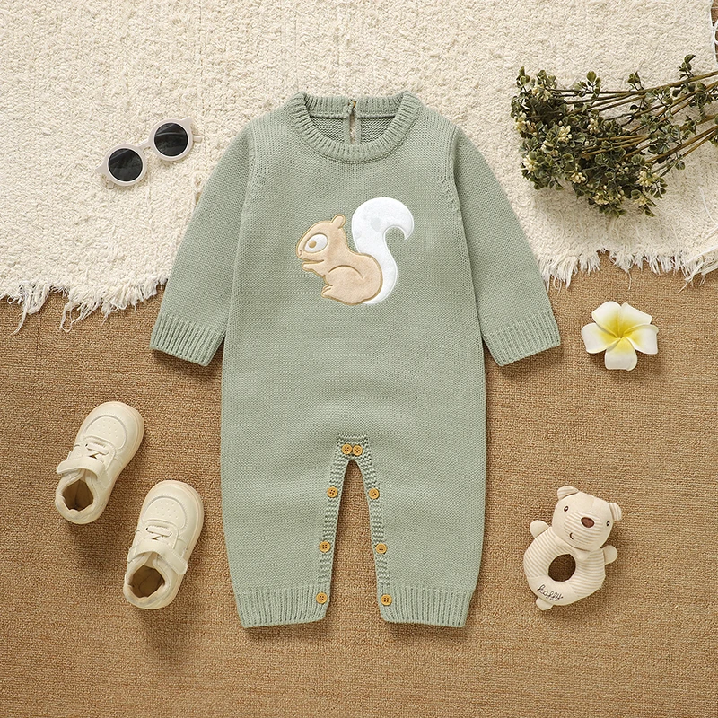 Baby Rompers Knitted Newborn Girl Infant Boy Jumpsuit Long Sleeve Warm Kid Clothes 0-18M Cute Cartoon Squirrel Overalls Playsuit