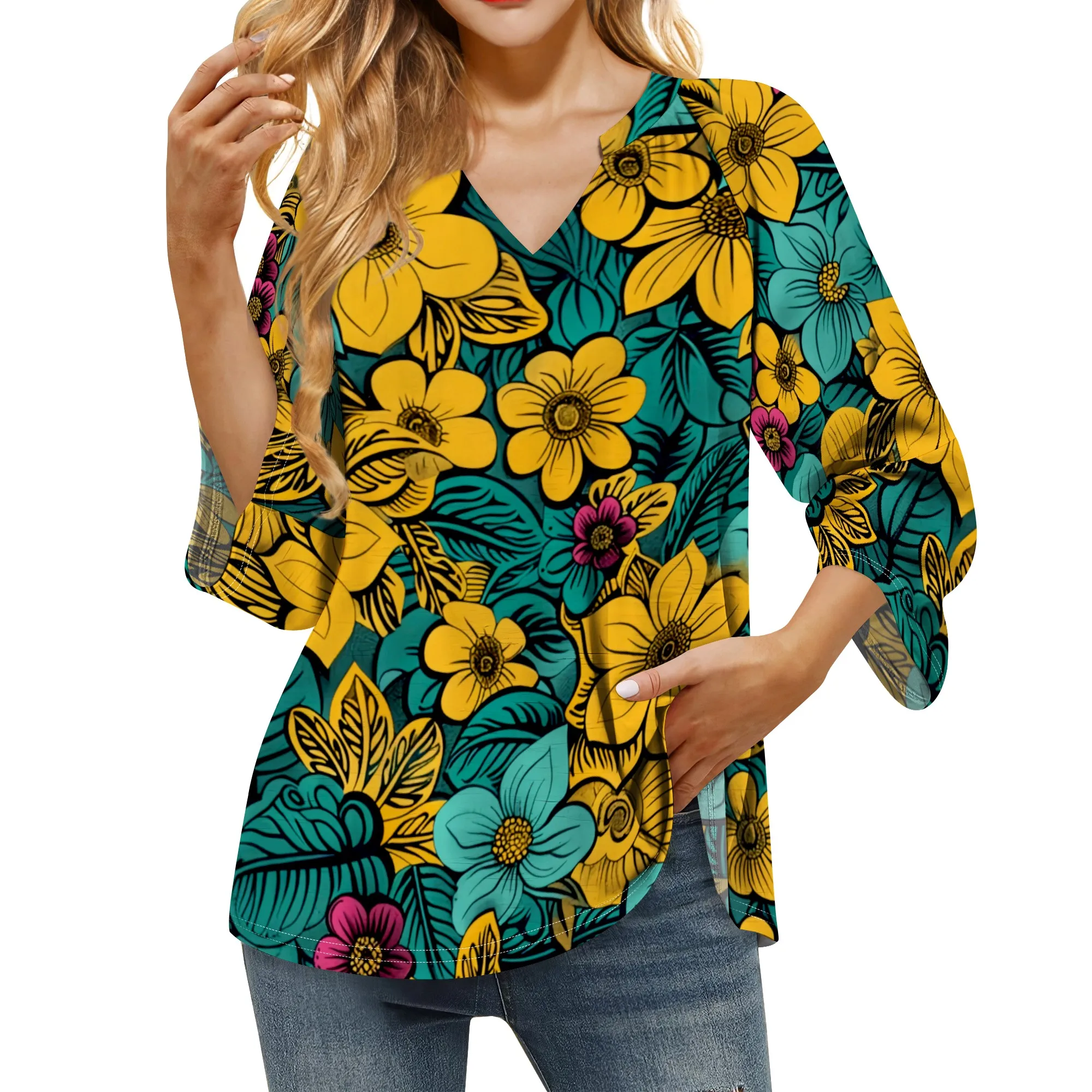 

Vintage Flower And Paisley Graphics Shirts for Women 3/4 Length Sleeve Womens Tops Dressy Casual Blouses V Neck Tee Shirts