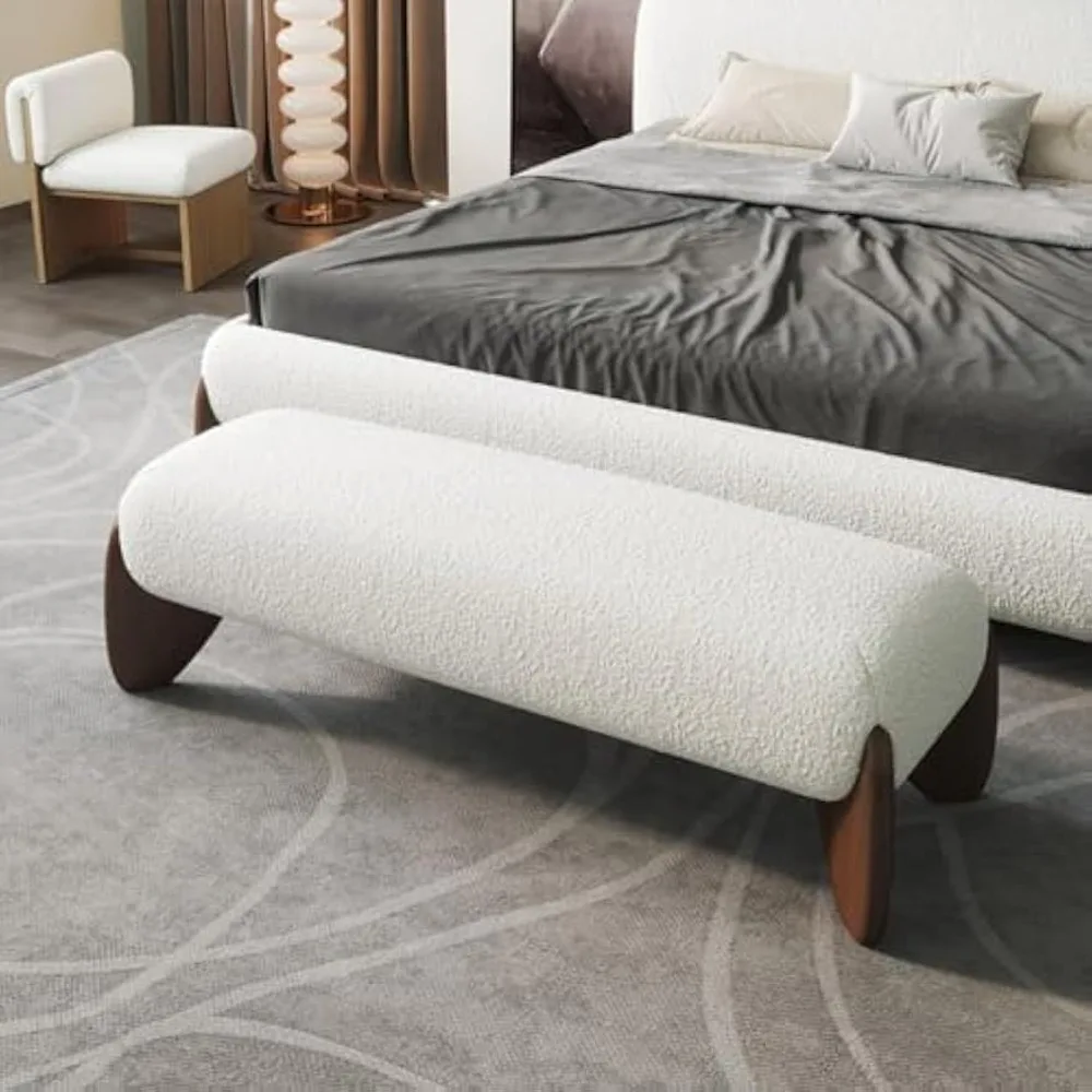 Curva Boucle Upholstered Bedroom Bench – 57” Modern White Upholstered Bench with Solid Rubber Wood Legs, Backless End of Bed
