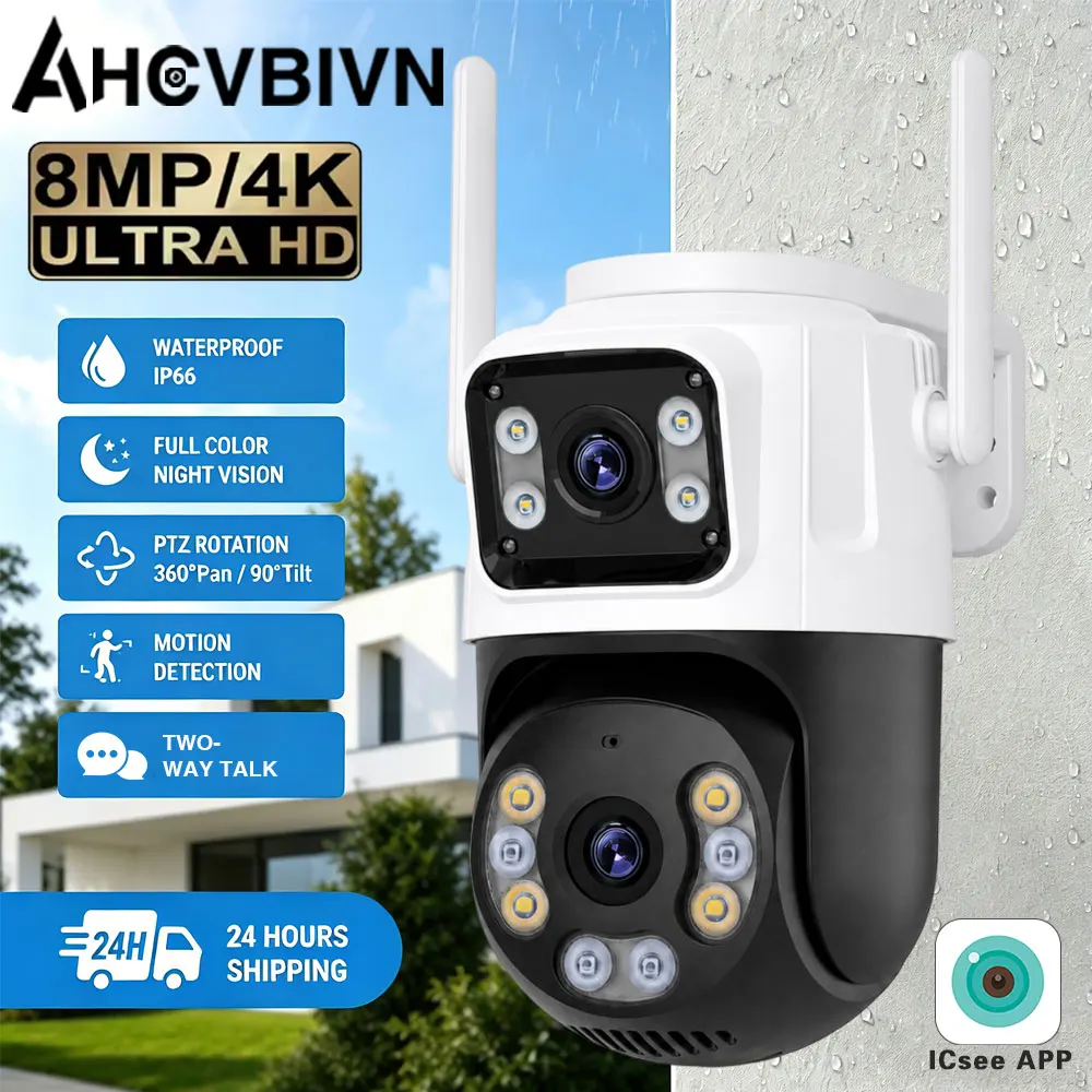 

iCSee 4K 8MP HD Full Night Vision Wifi Camera PTZ Outdoor Dual Screen Human Detection Dual Lenes IP Security Protection Cam