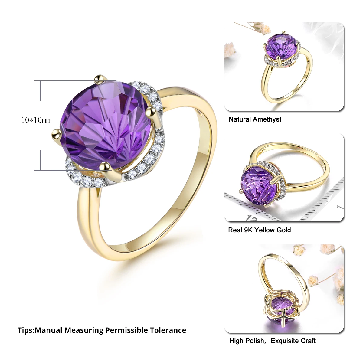 Natural Amethyst Diamond Real 9K Yellow Gold Rings 4.2 Carats Genuine Gemstone Romantic Luxury Style Women Engagement Rings