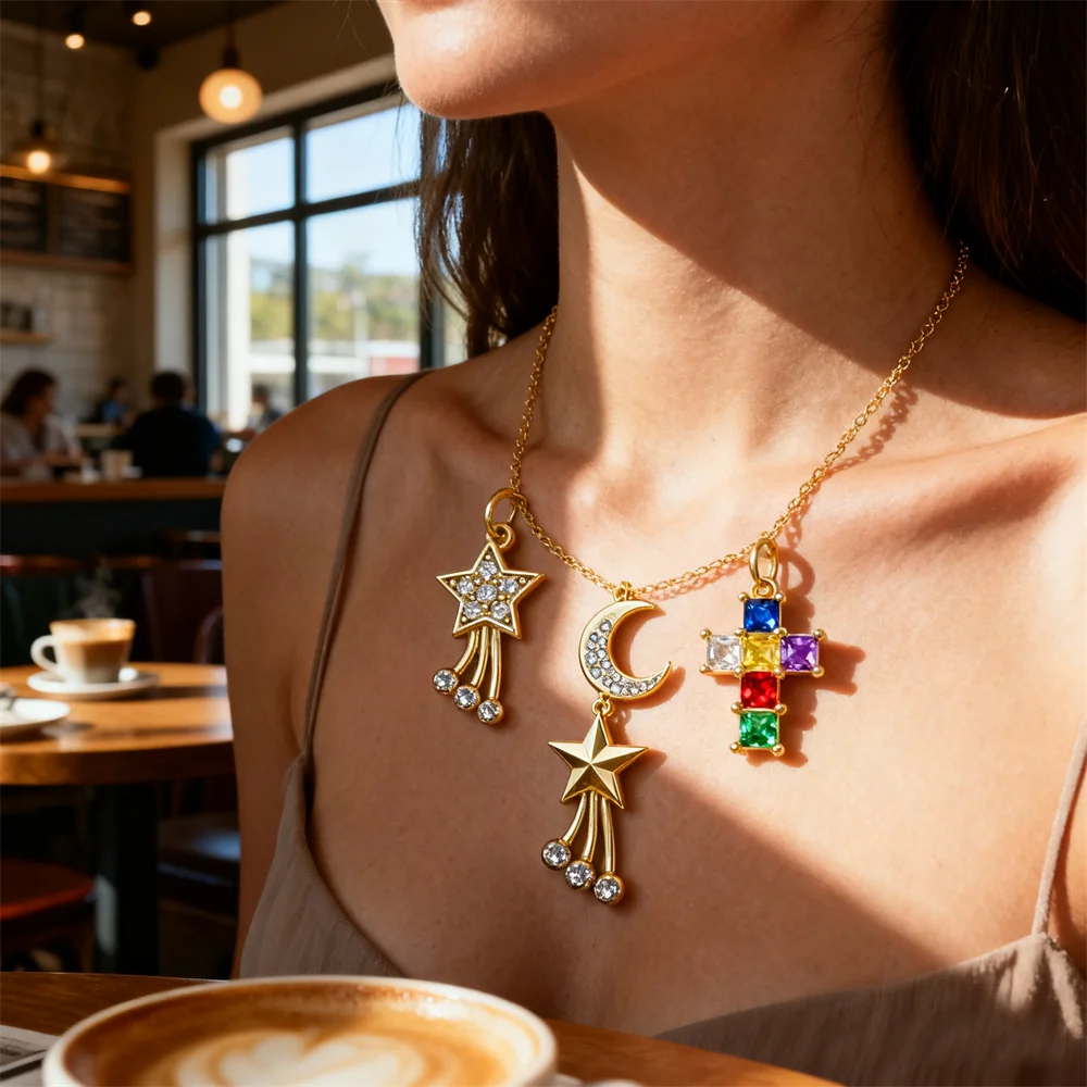 

2Pcs Pendant Brass DIY Jewelry Charm Slipper Moon Star Rainbow Cross Religious Cubic Zircon Enamel Handmade Crafting Accessories