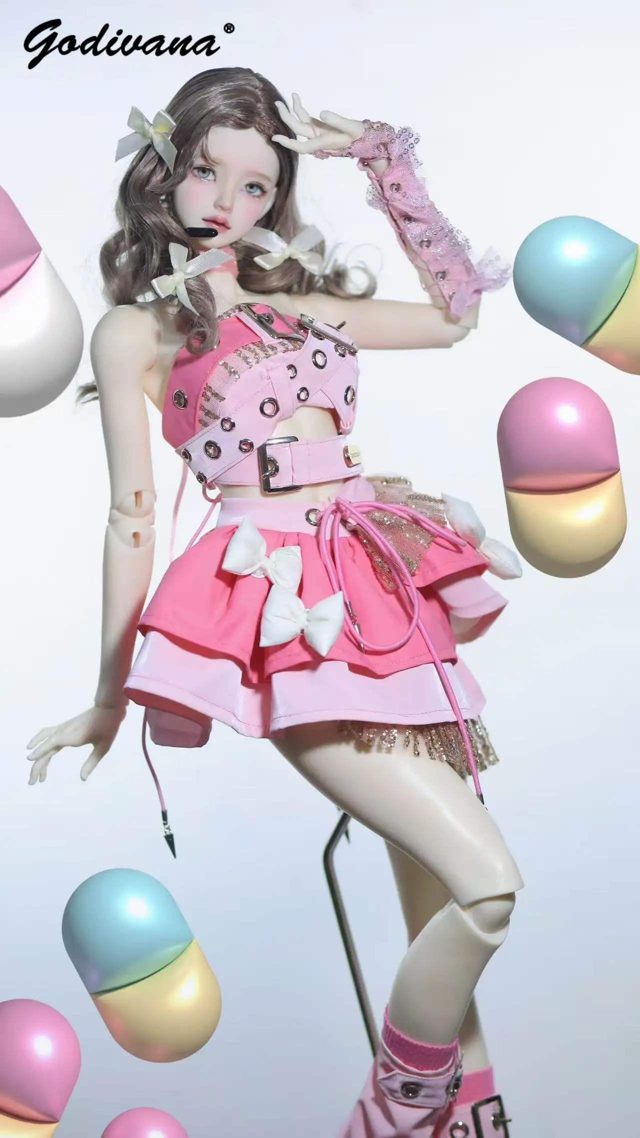BJD Doll Sweet Fashion Pink Idol Stage Outfit Harness Crop Top and Layered Mini Skirt Cute Punk Bow Doll Clothes for 1/3 1/4 BJD