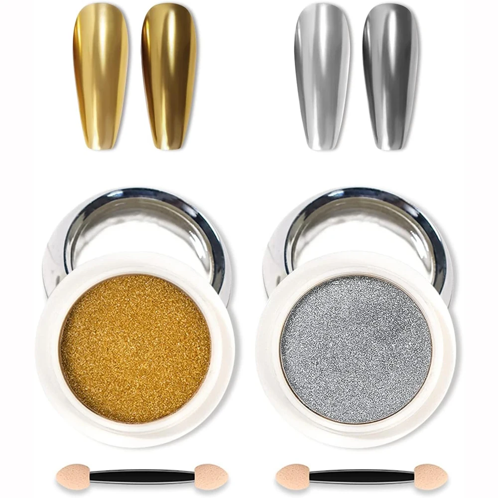 2個入り ゴールド シルバー メタリック ミラー グリッター ネイルアート ダスト ホログラフィック スパークリング ゴールドパウダー UVジェルポリッシュ クロム ラビング ピグメント ﻿ ﻿