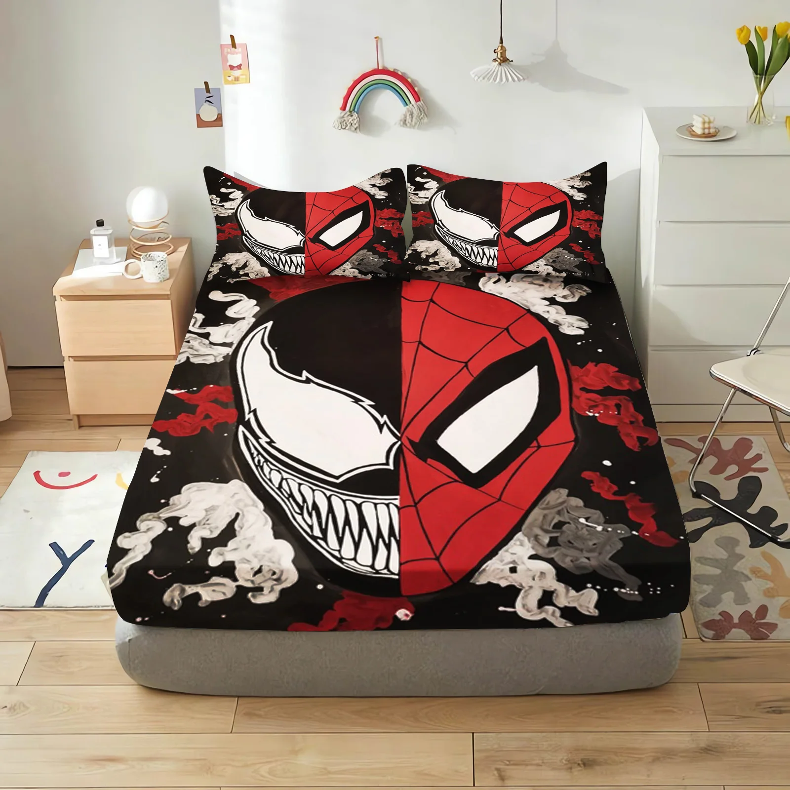 SpiderMan 2/3pcs Bedding Set Fitted Sheet Printed 100% Polyester Anime Home Decor Suitable For Children And Adults