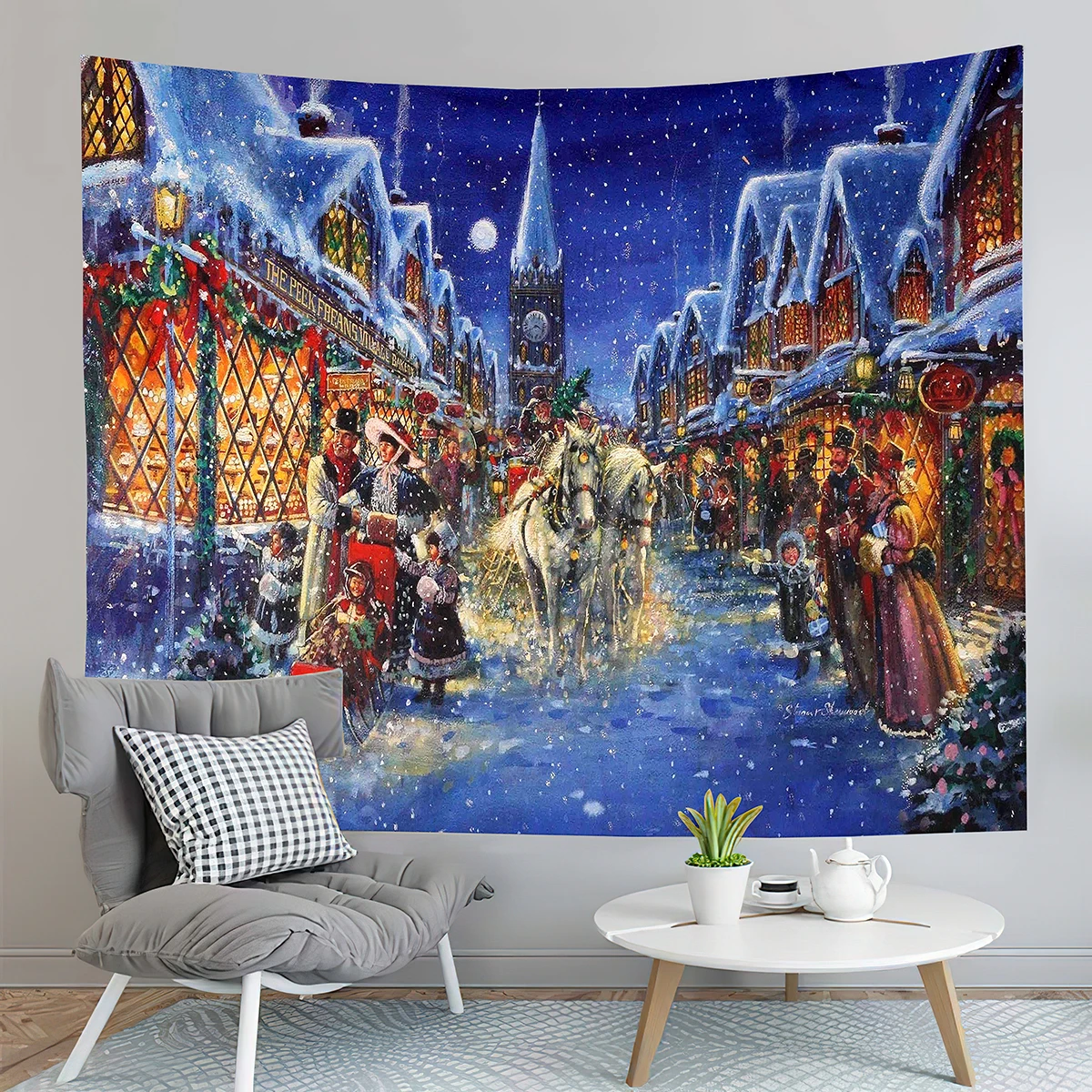 Christmas Tapestry Santa and Reindeer Delivering Gifts Tapestry Home Living Room Bedroom Dorm Wall Hanging Decorative Blanket