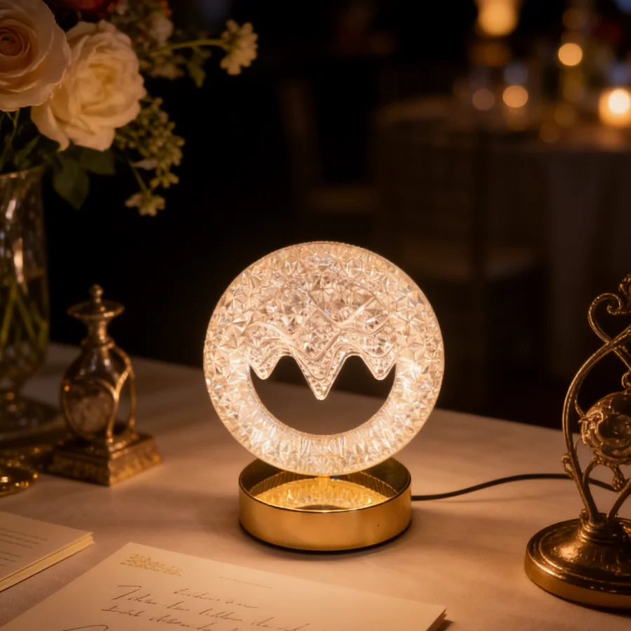 1Pc Luxury Diamond-Cut Crystal Smiley Lamp | Gold Accent Bedside Lamp | Ambient Lighting for Home Decor